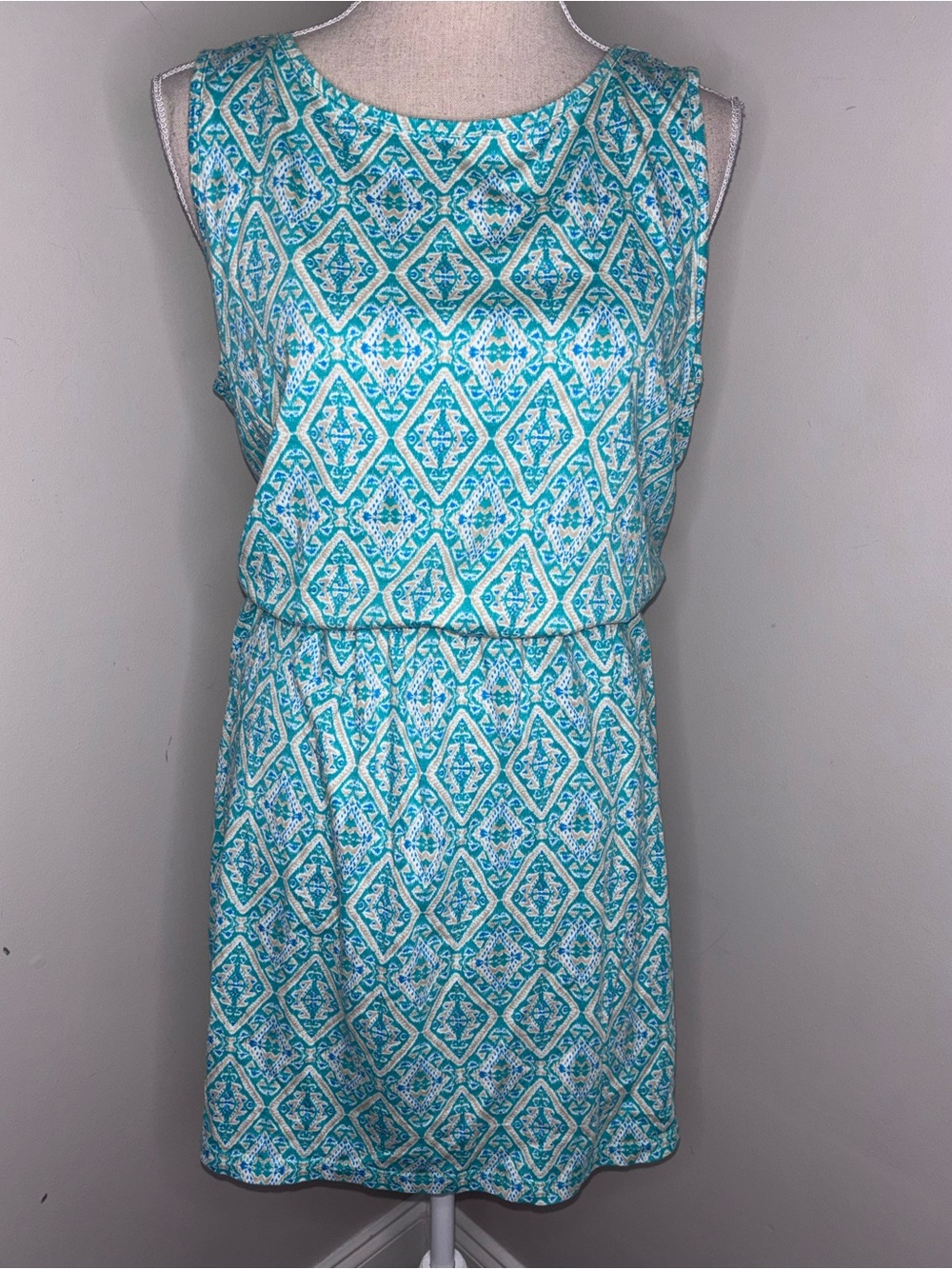 Kim Rogers teal green diamond pattern elastic waist sleeveless knit dress Large